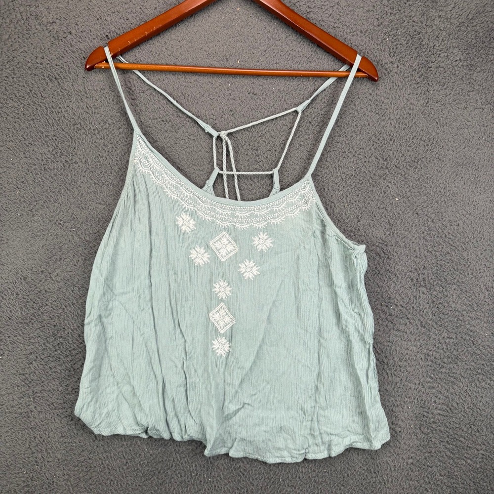 Passport Sage Green Embroidered Strappy Tassel Boho Tank Top Womens Large